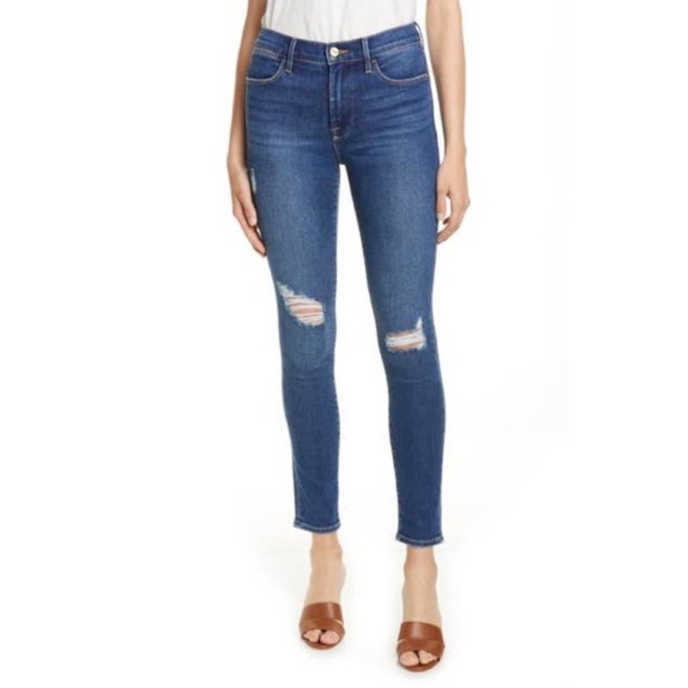 Frame Denim Distressed Dark Wash Blue Denim Le High Rise Skinny Jeans Size 30
